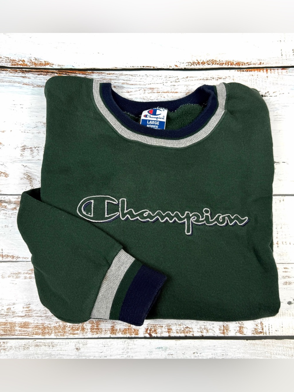 *Vintage* Champion Hunter Green Crewneck Logo Sweatshirt with Navy & Gray Trim